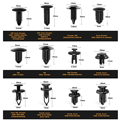 Assorted car retainer clips with specifications and OEM references.