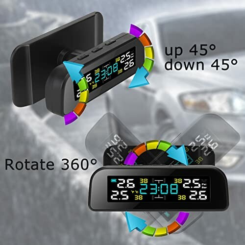 Car tire pressure monitor showing adjustable angles and digital display.