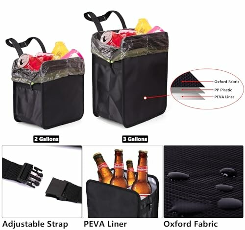 Car trash bags with adjustable strap and PEVA liner, showcasing 2 and 3 gallon capacities.