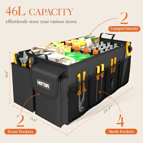 Car trunk organizer with 46L capacity, compartments, front pockets, and mesh pockets.