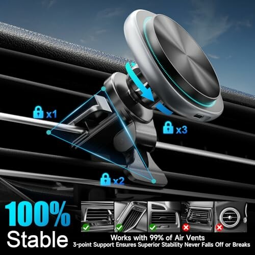 Car vent phone mount with 3-point support for stability.