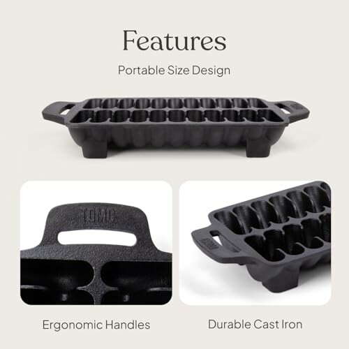 Cast iron cornbread pan with ergonomic handles and portable size design.