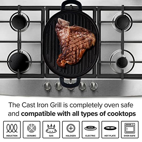 Cast iron grill with steak on stovetop, suitable for all cooktops.