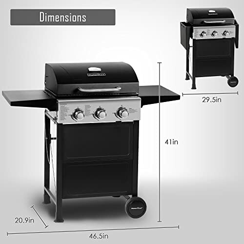 Diagram showing dimensions of a charcoal grill with side tables.
