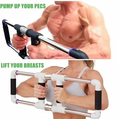 Man and woman using chest workout equipment