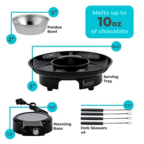 Chocolate fondue set with warming base, serving tray, fondue bowl, and fork skewers.