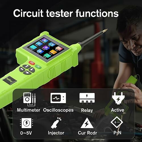 Green circuit tester with screen displaying various functions like multimeter, oscilloscopes, and relay.