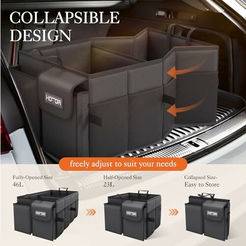 Collapsible car trunk organizer with adjustable compartments and size options.