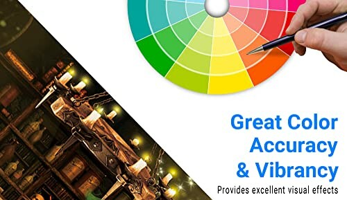 Color wheel with hand holding brush, text about color accuracy and vibrancy.