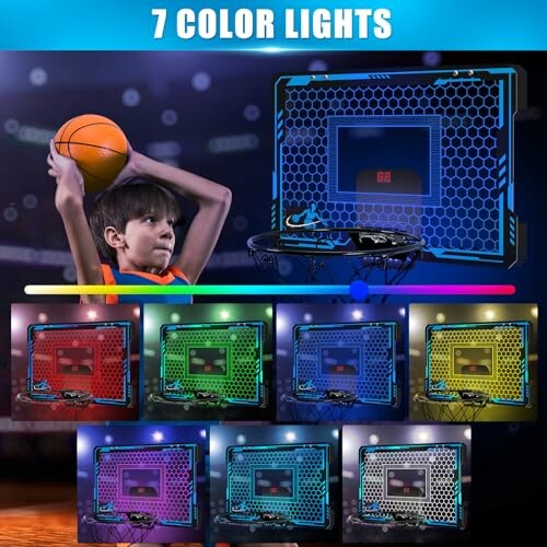 Basketball hoop with 7 color light options and a child playing.