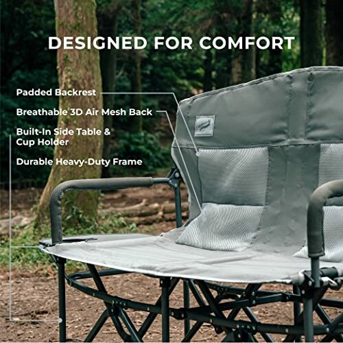 Camping chair with padded backrest, breathable mesh, side table, cup holder, and durable frame.