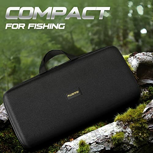 Compact fishing case on forest background