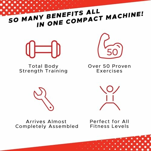 Infographic showcasing benefits of a compact fitness machine with icons for strength training, over 50 exercises, pre-assembled, suitable for all fitness levels.