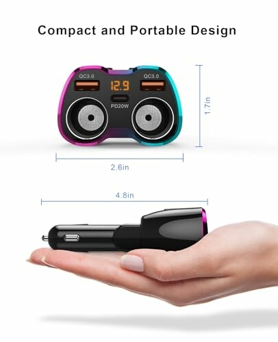 Compact and portable car charger with dual USB ports and digital display.