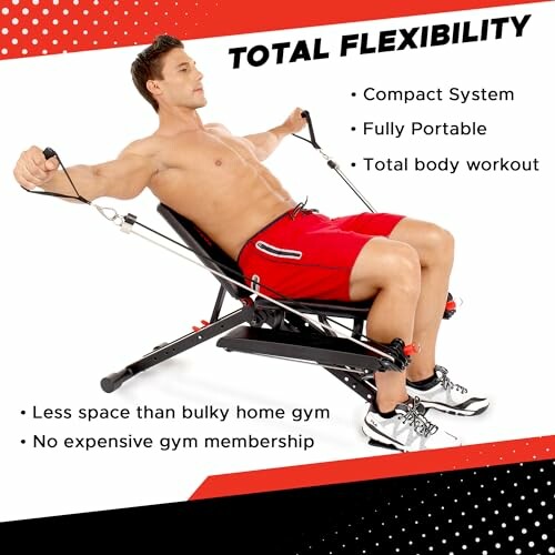 Man using a compact, portable workout system for total body exercise.