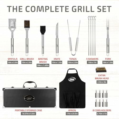 Complete grill set with spatula, brush, basting brush, knife, tongs, skewers, fork, case, apron, and holders.