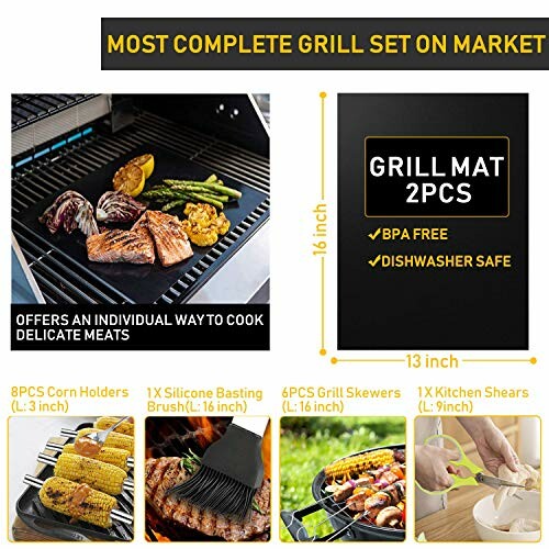Complete grill set with grill mat, corn holders, basting brush, skewers, and kitchen shears.