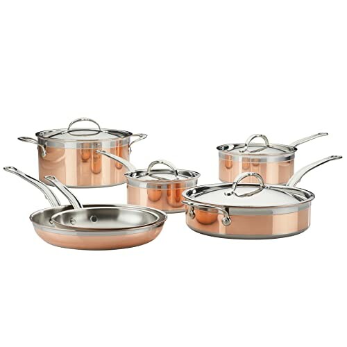 Copper and stainless steel cookware set with pots and pans