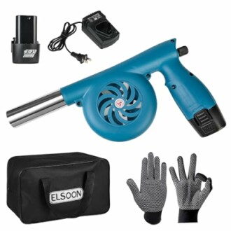 Cordless leaf blower kit with battery, charger, gloves, and carrying bag.