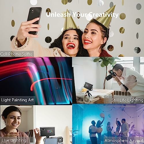Collage of creative photography ideas: selfie, light painting, still life, live lighting, and party atmosphere.