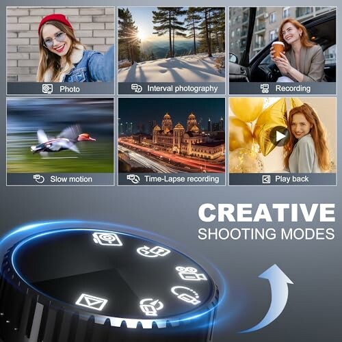 Collage of creative shooting modes including photo, interval photography, recording, slow motion, time-lapse, and playback.