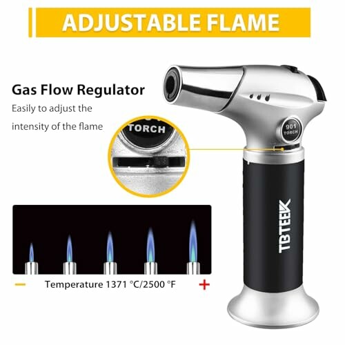 Culinary torch with adjustable flame and gas flow regulator.