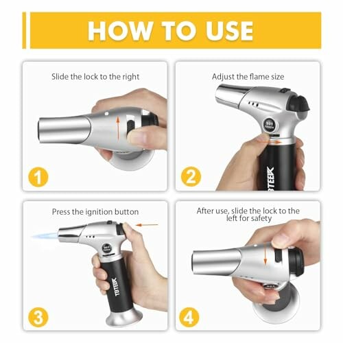 Instructions for using a culinary torch in four steps.
