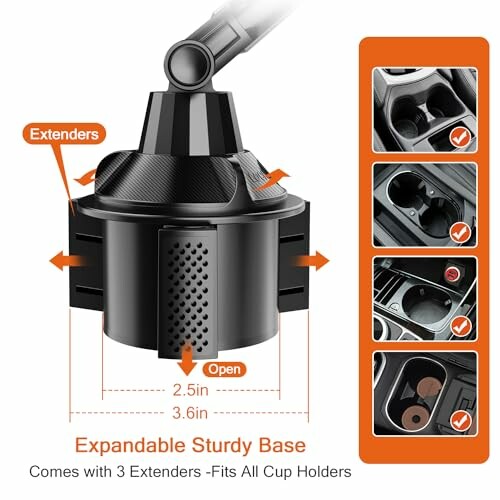 Cup holder expander with sturdy base and extenders for all cup holders.