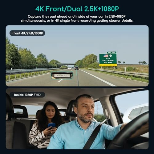 Dashcam view showing road and inside car with people.