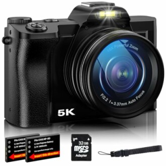Digital camera with 5K zoom, batteries, memory card, and strap