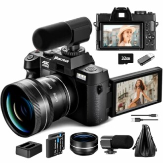 Digital camera with accessories including lenses, microphone, and memory card.
