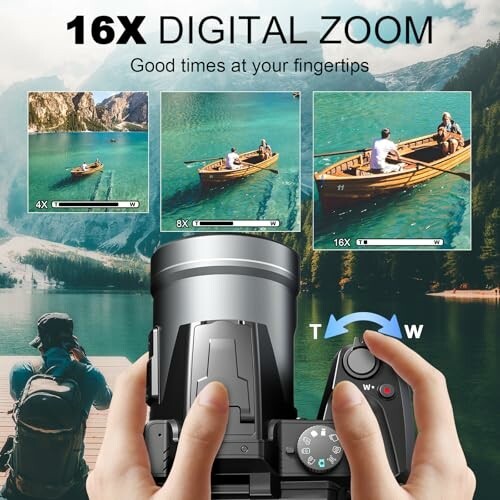 Digital camera showing 16x zoom on a lake scene with boats.