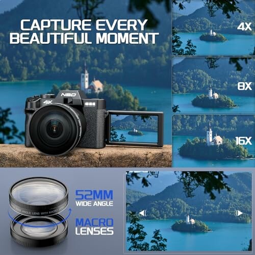 Digital camera with zoom lens showcasing 4x, 8x, 16x zoom on a scenic view.