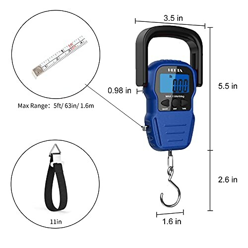Digital hanging scale with dimensions and accessories.