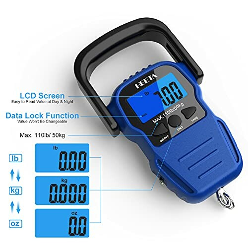 Blue digital hanging scale with LCD screen and data lock function.