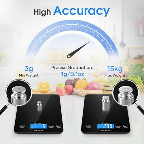 Digital kitchen scale showing high accuracy with 3g min weight and 15kg max weight.