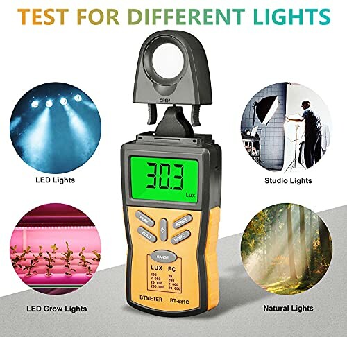 Digital light meter testing different light sources: LED, studio, LED grow, and natural lights.