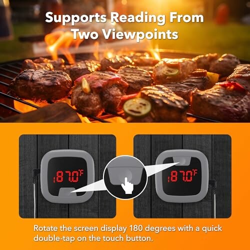 Grilling meat with digital thermometer showing 187°F.