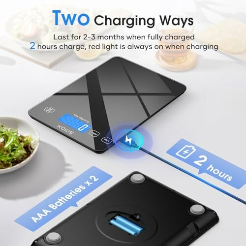 Digital scale showing two charging methods: USB and AAA batteries.