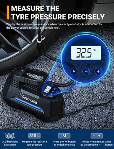 Digital tire pressure gauge displaying 32.5 PSI connected to a car tire.