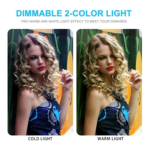 Comparison of dimmable two-color light effects on a model with cold and warm lighting.