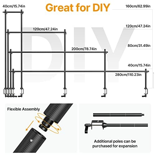 Adjustable poles for DIY projects with measurements and flexible assembly.