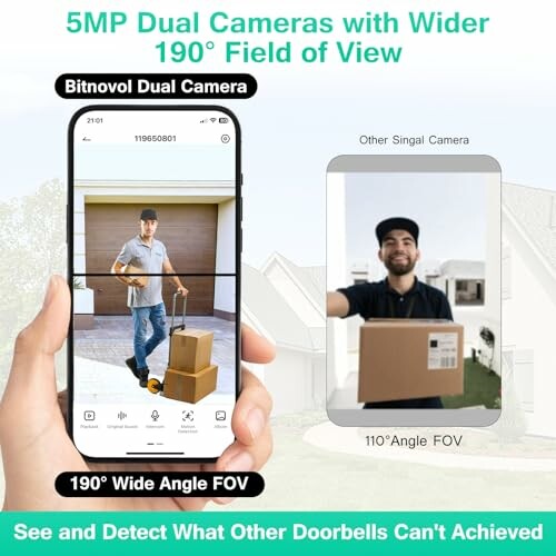Comparison of dual camera with wider 190-degree field of view versus single camera with 110-degree view.