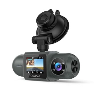 Dual lens dash camera with suction mount and display screen.