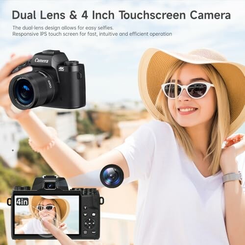 Woman taking a selfie with a dual lens touchscreen camera.