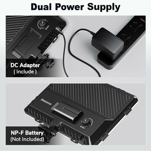 Device with DC adapter and NP-F battery options.
