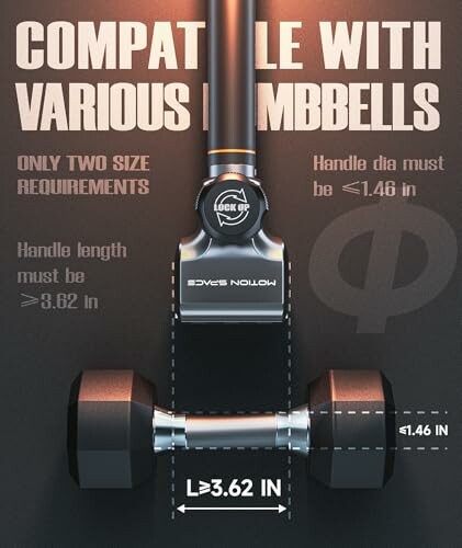 Diagram showing compatible dumbbell size requirements.