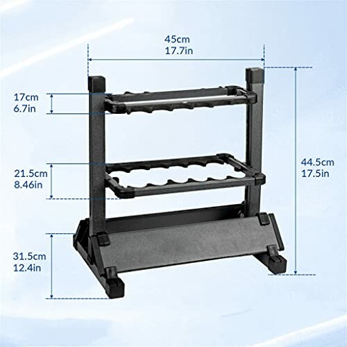 Three-tier dumbbell weight rack with dimensions labeled.