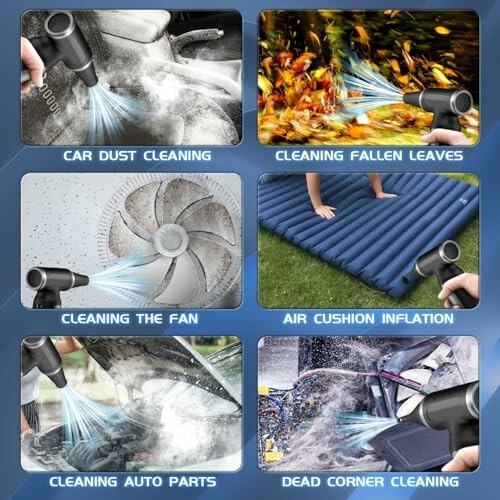 Various uses of an electric air blower: car dust cleaning, fallen leaves cleaning, fan cleaning, air cushion inflation, auto parts cleaning, dead corner cleaning.