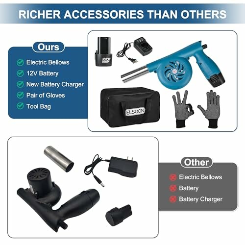 Comparison of electric bellows accessories with images of tools, gloves, and chargers.